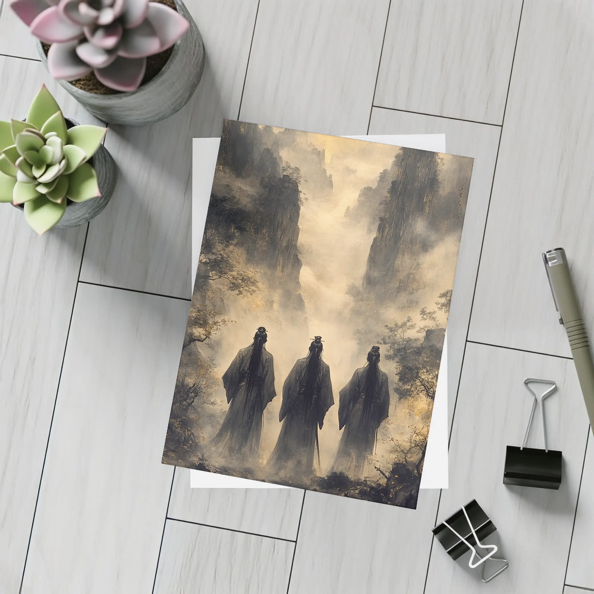 Three Scholars Walking Through Misty Mountains – Postcards