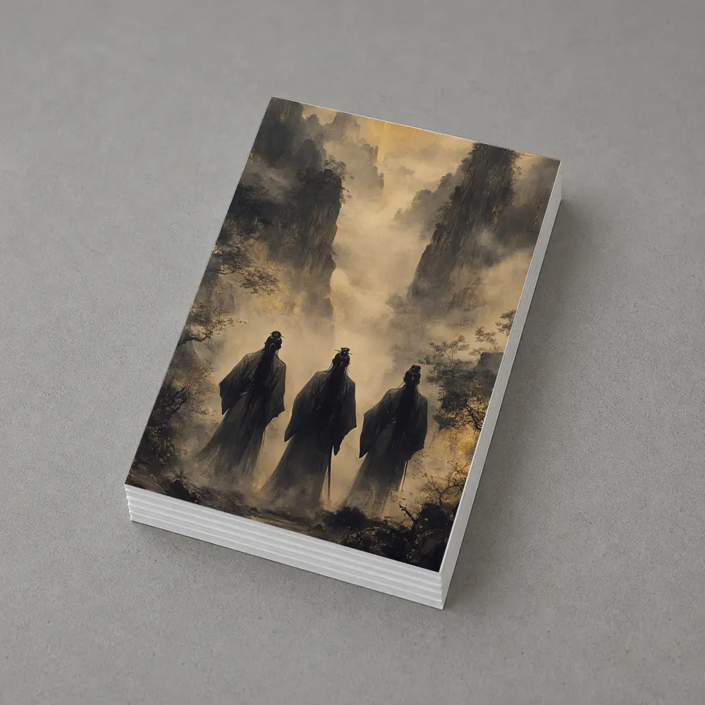 Three Scholars Walking Through Misty Mountains – Postcards