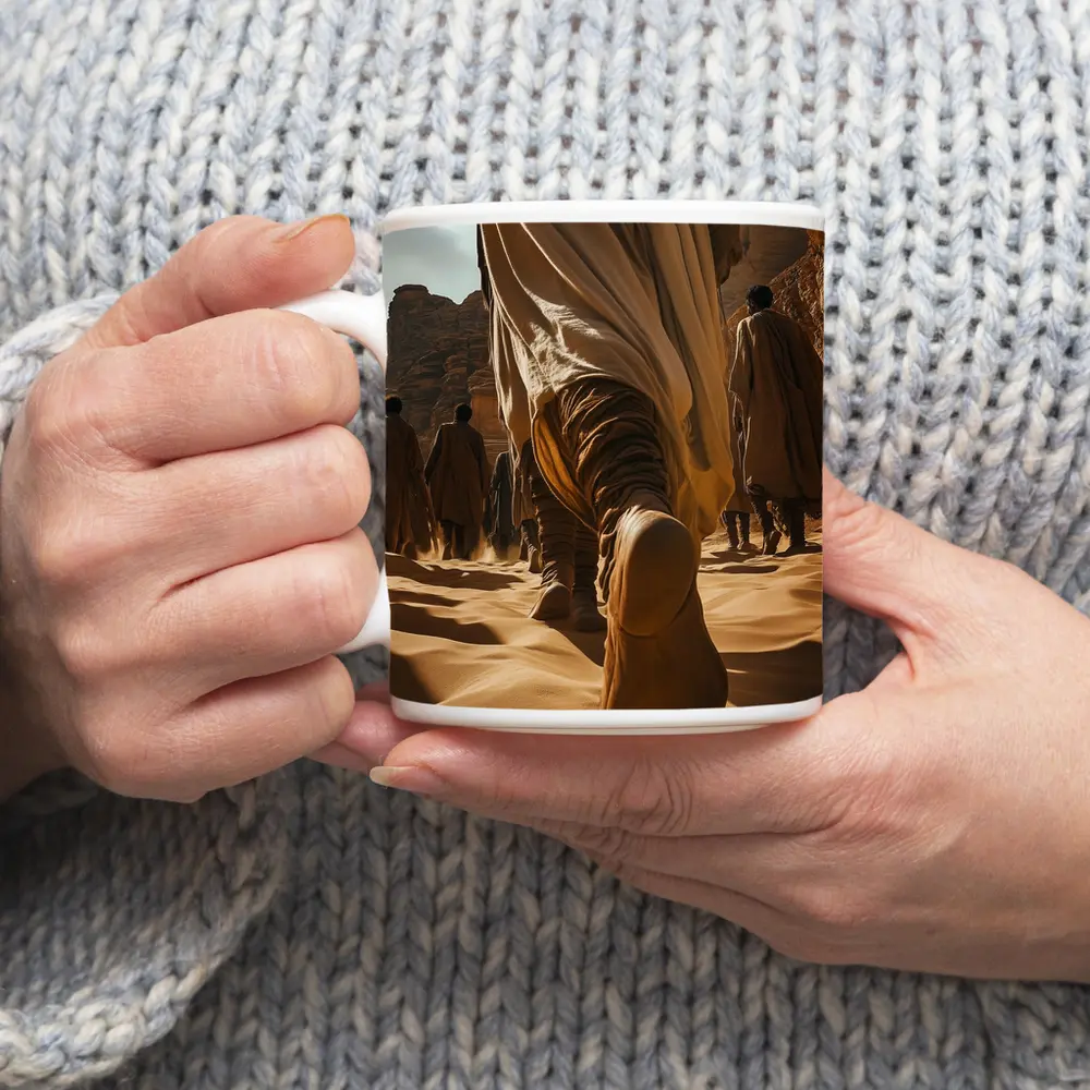 Desert Wanderers Walking Through Sandy Dunes – Mugs