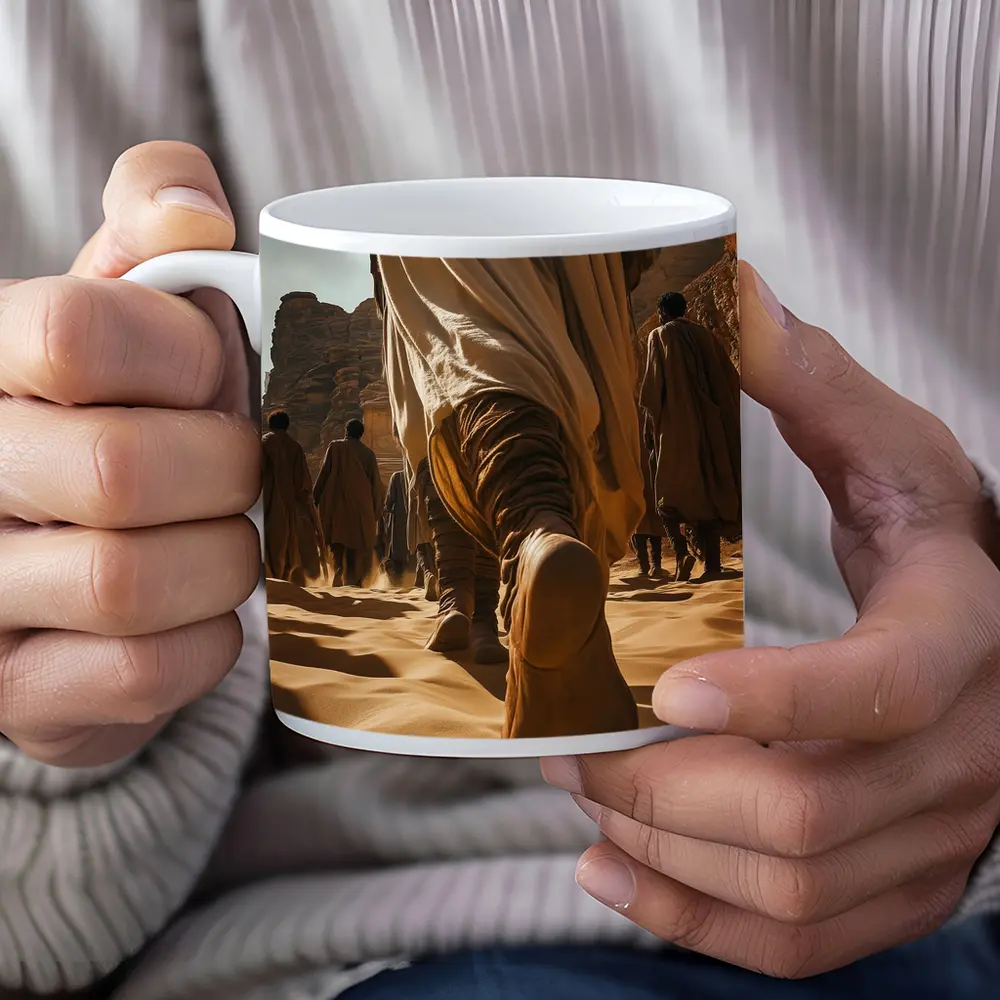 Desert Wanderers Walking Through Sandy Dunes – Mugs