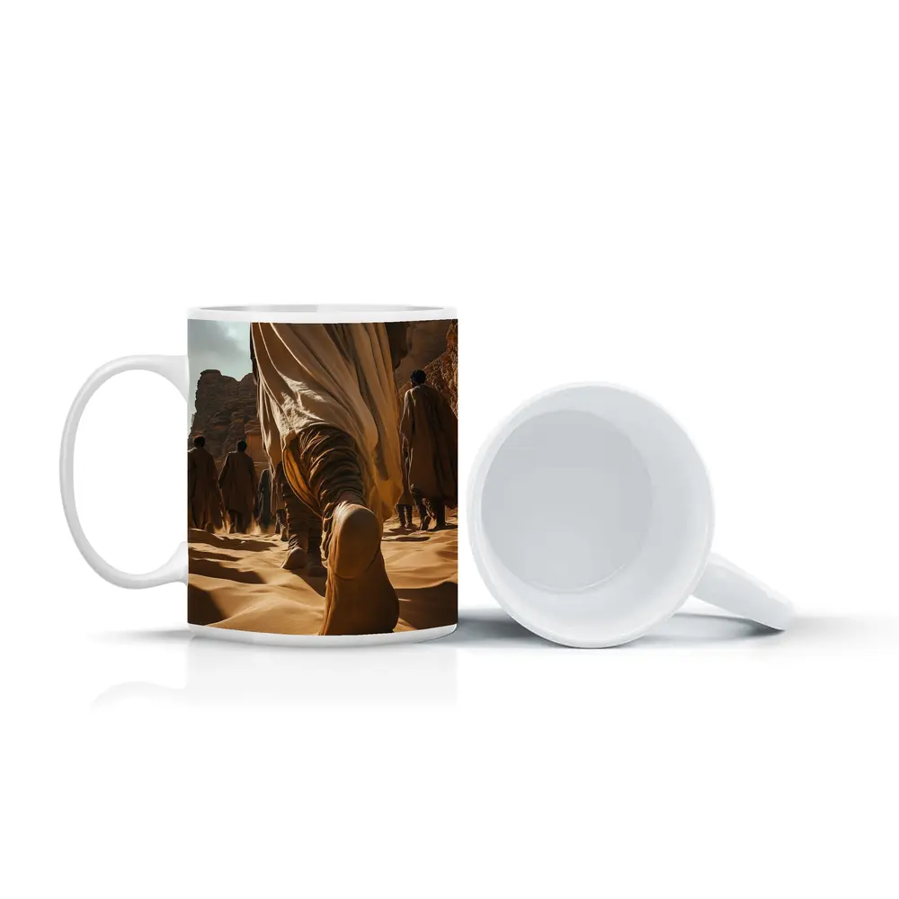Desert Wanderers Walking Through Sandy Dunes – Mugs