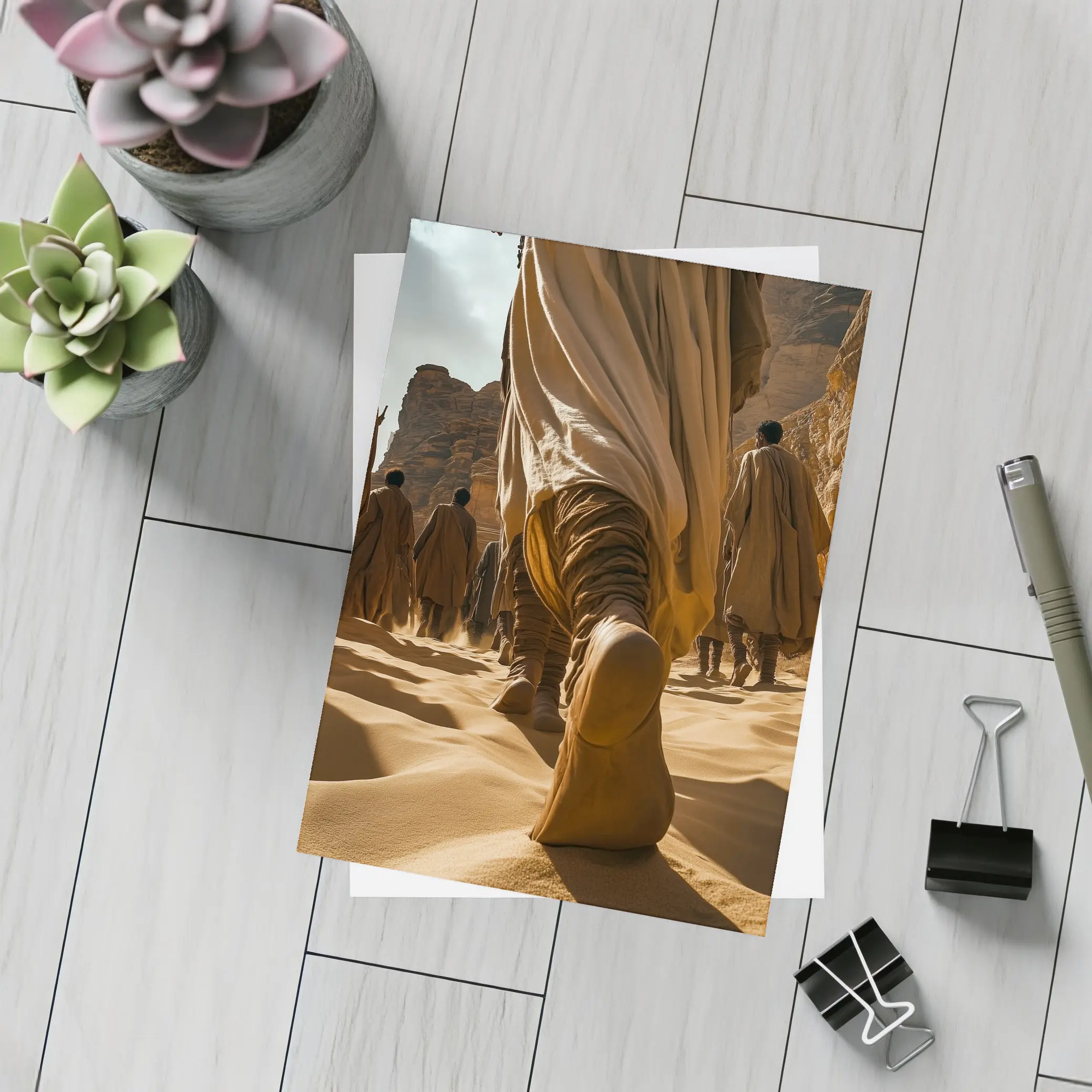 Desert Wanderers Walking Through Sandy Dunes – Postcards