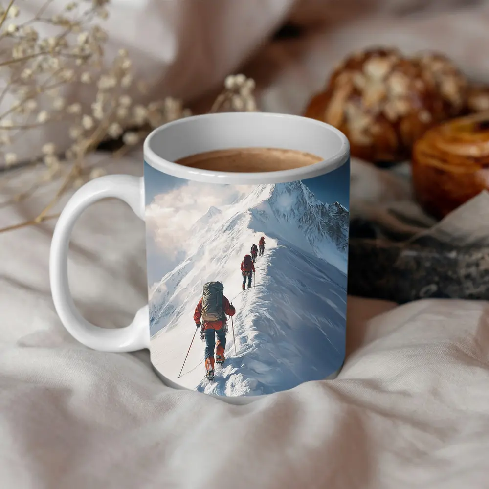 Mountain Climbers Ascending Snowy Alpine Peak – Mugs