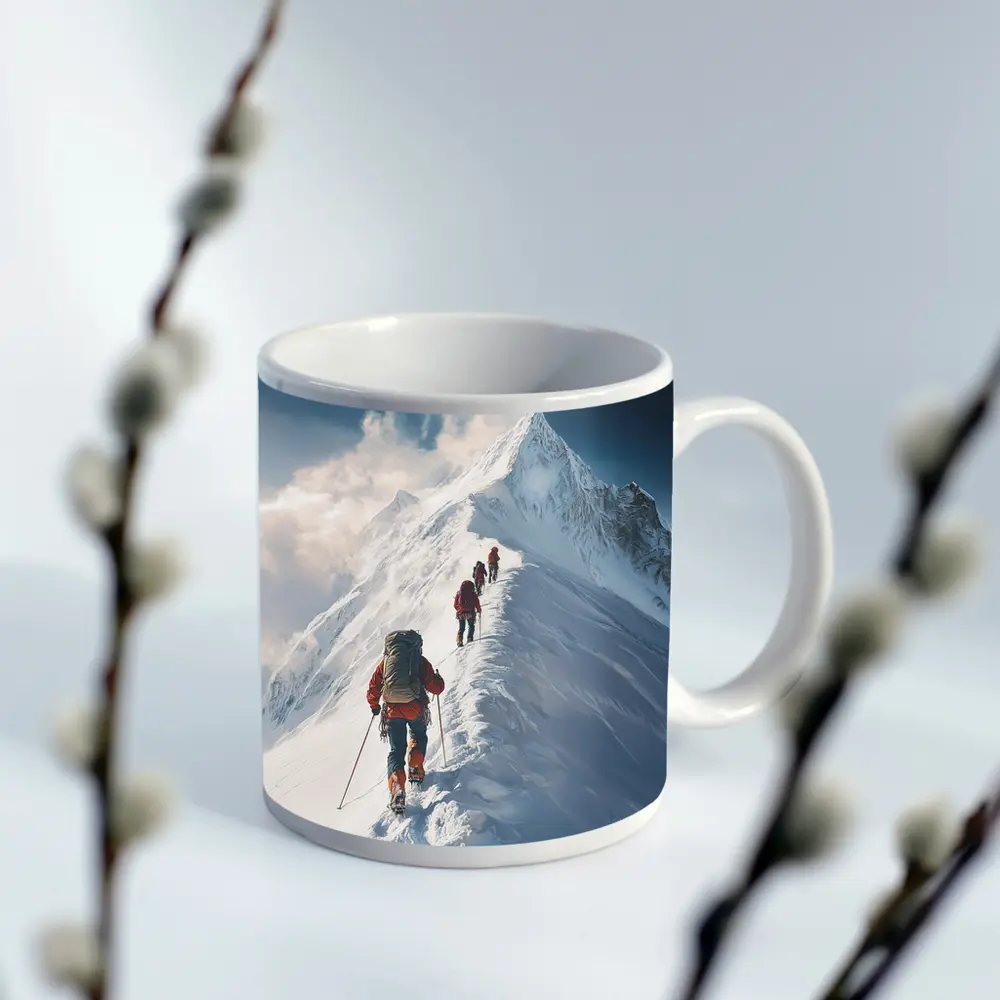 Mountain Climbers Ascending Snowy Alpine Peak – Mugs