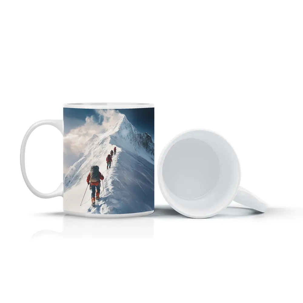 Mountain Climbers Ascending Snowy Alpine Peak – Mugs