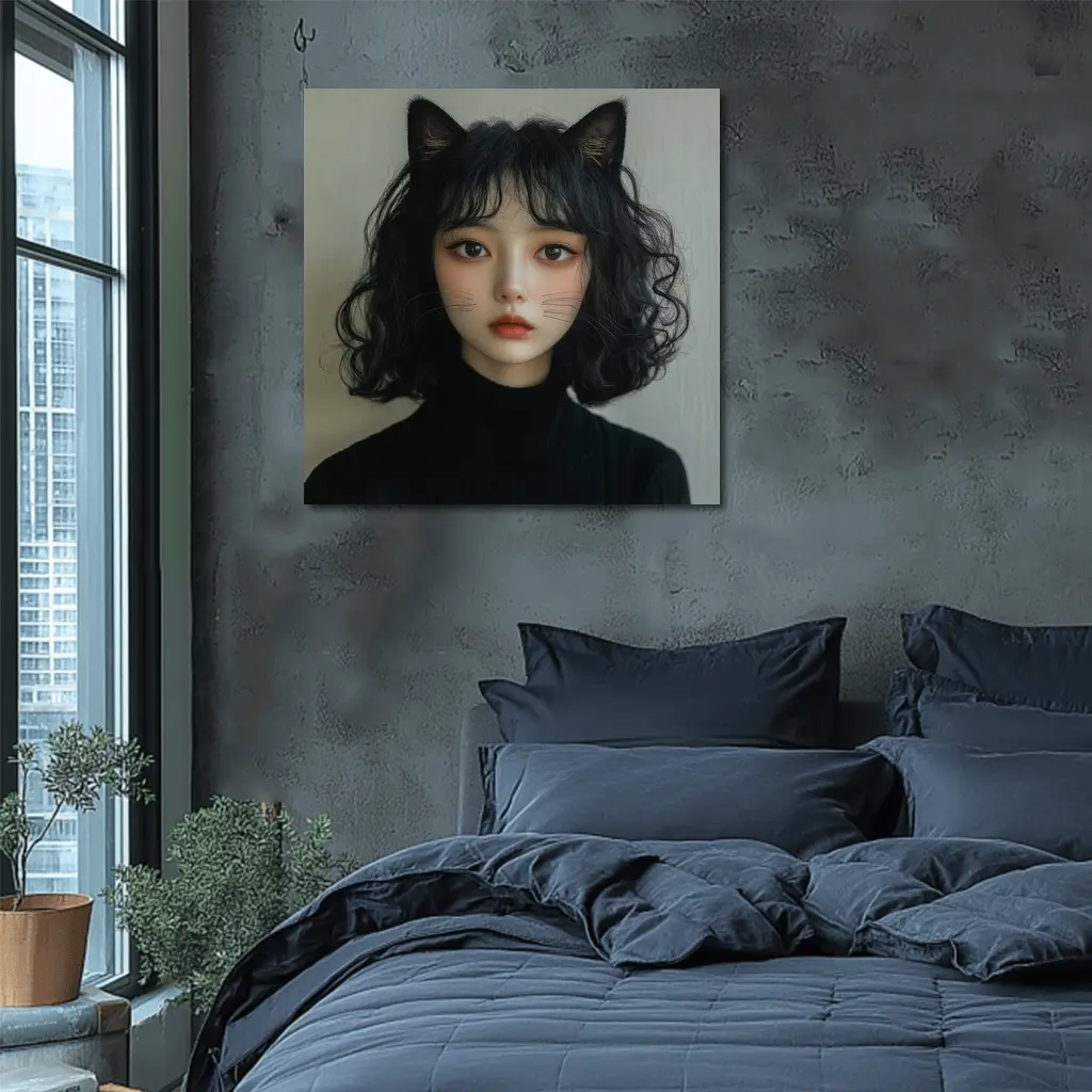 Cat Girl Portrait Dark Curly Hair – Wall Art