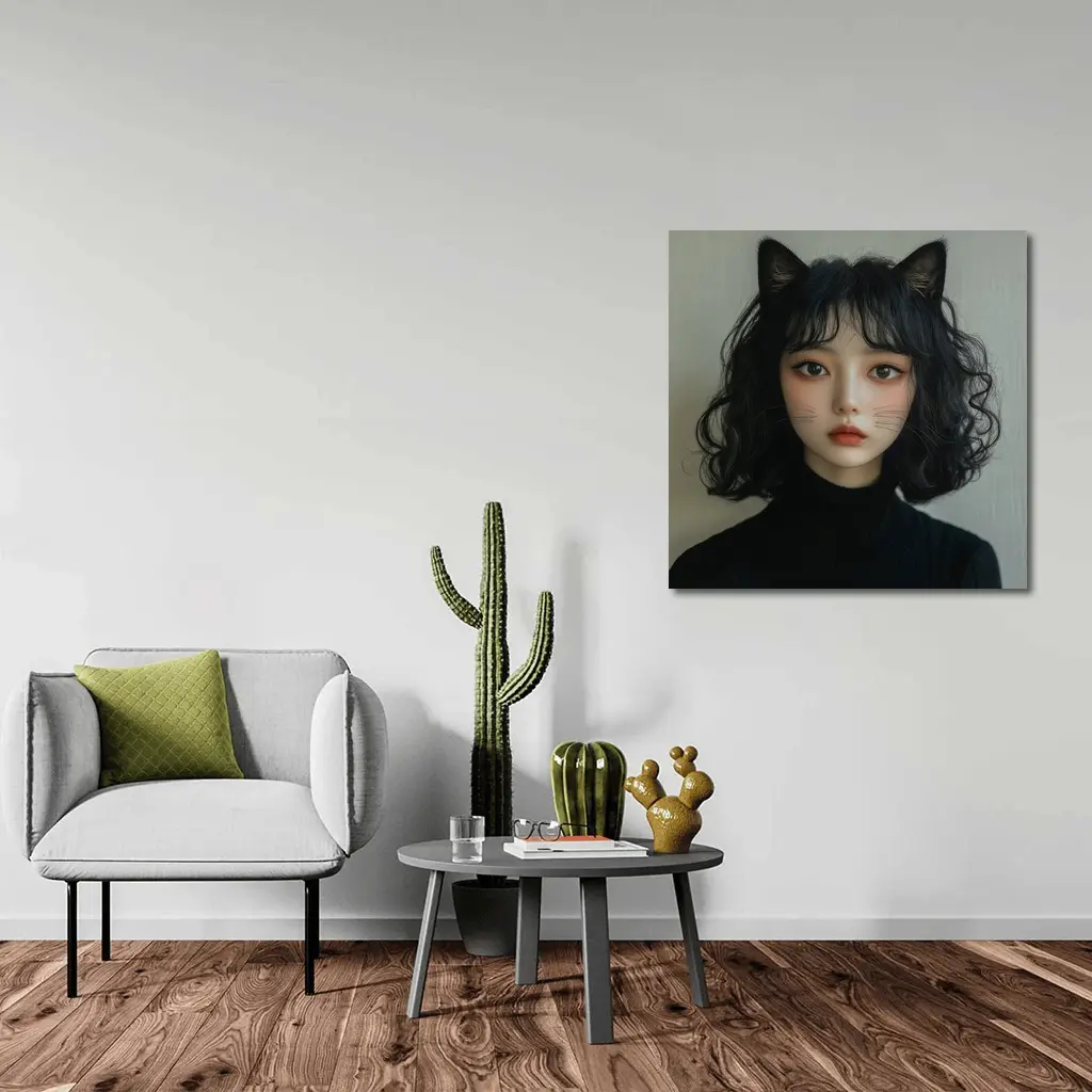 Cat Girl Portrait Dark Curly Hair – Wall Art