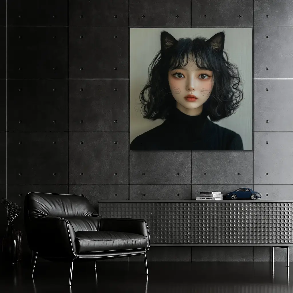 Cat Girl Portrait Dark Curly Hair – Wall Art