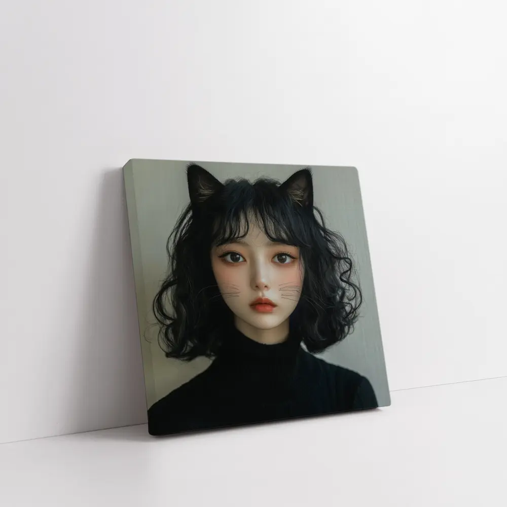 Cat Girl Portrait Dark Curly Hair – Wall Art