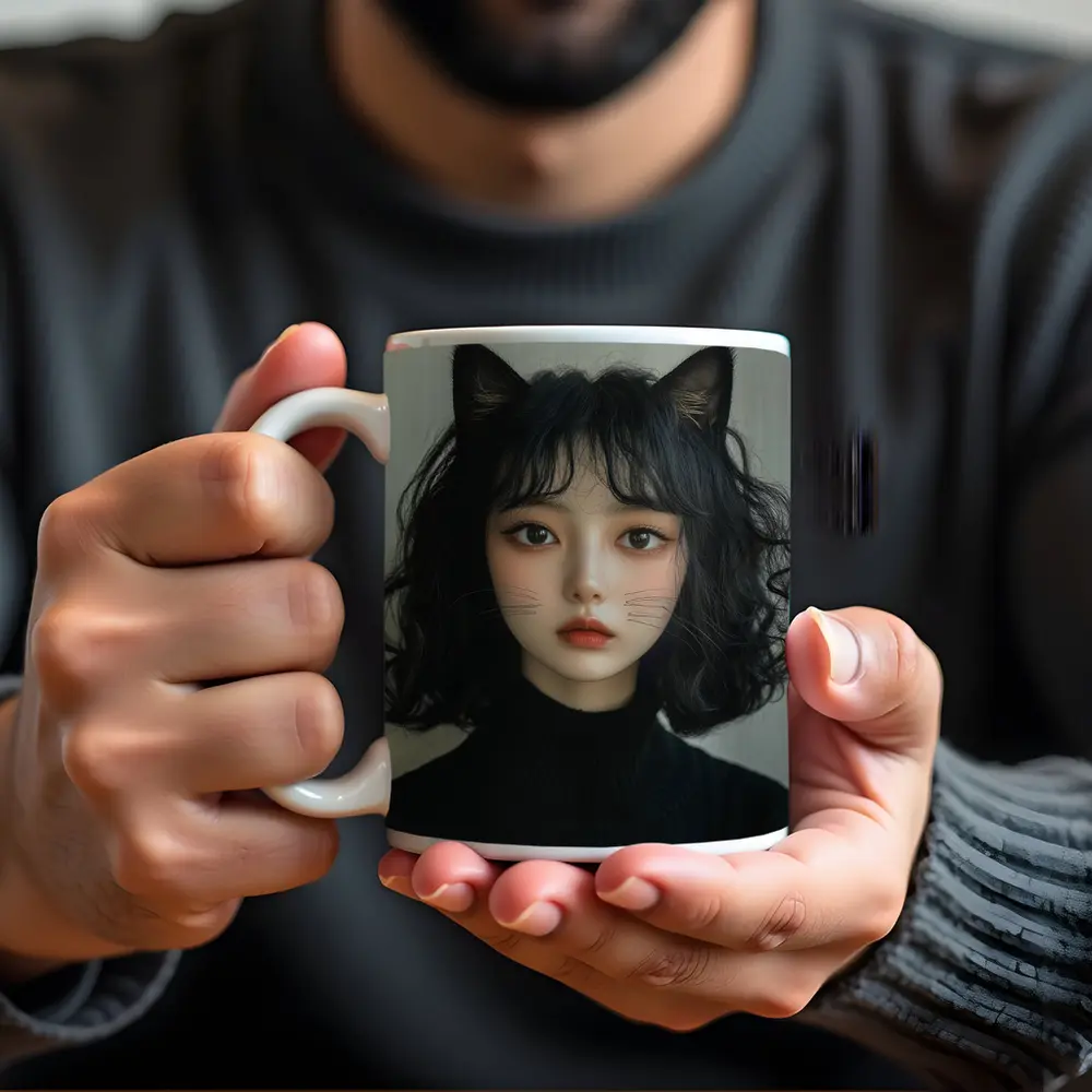Cat Girl Portrait Dark Curly Hair – Mugs