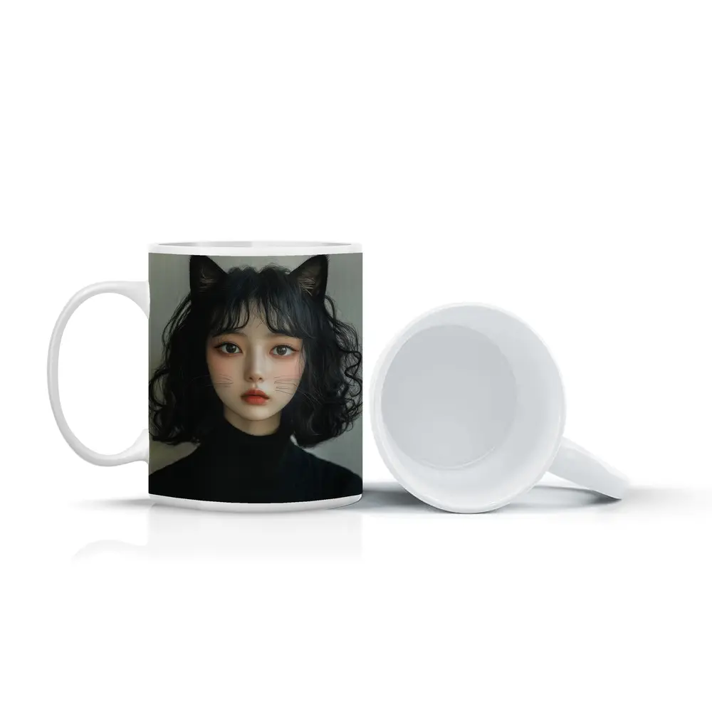 Cat Girl Portrait Dark Curly Hair – Mugs
