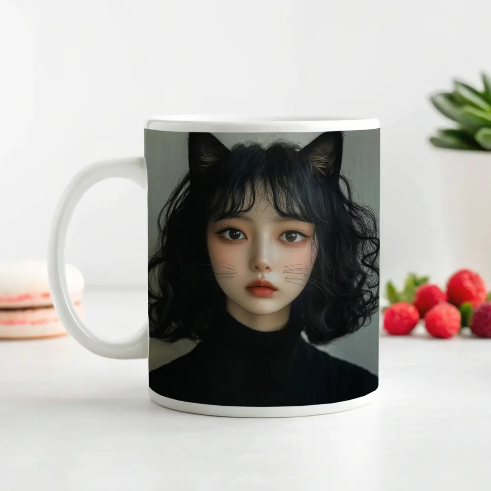 Cat Girl Portrait Dark Curly Hair – Mugs