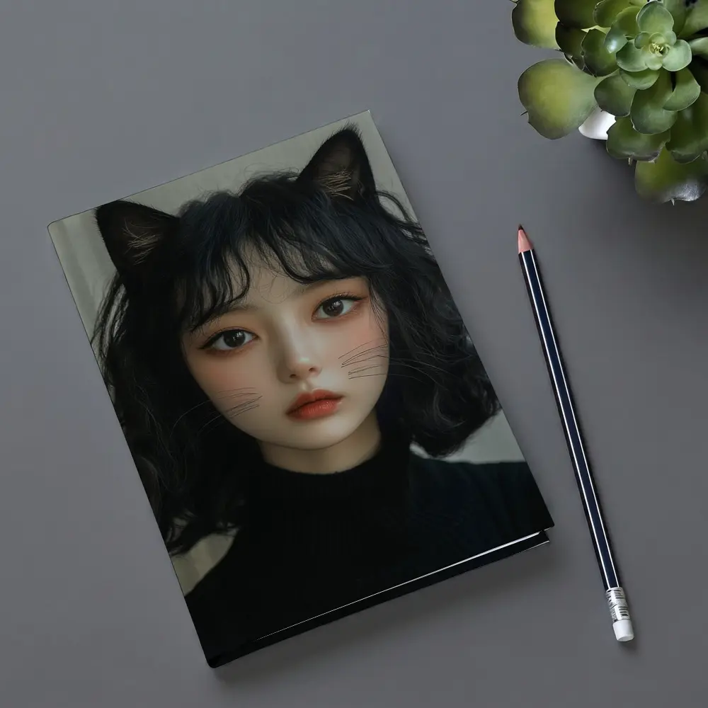 Cat Girl Portrait Dark Curly Hair – Notebooks
