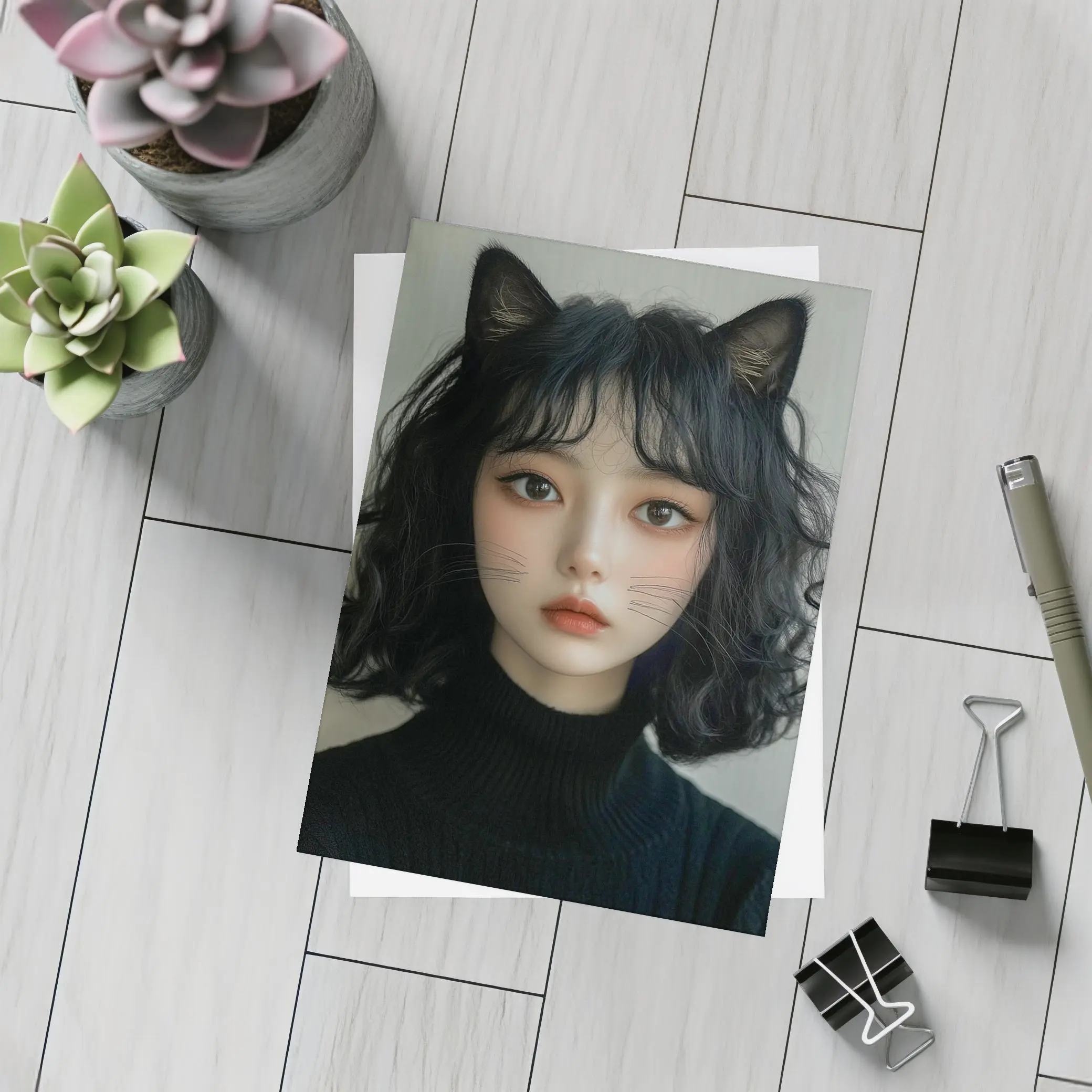 Cat Girl Portrait Dark Curly Hair – Postcards
