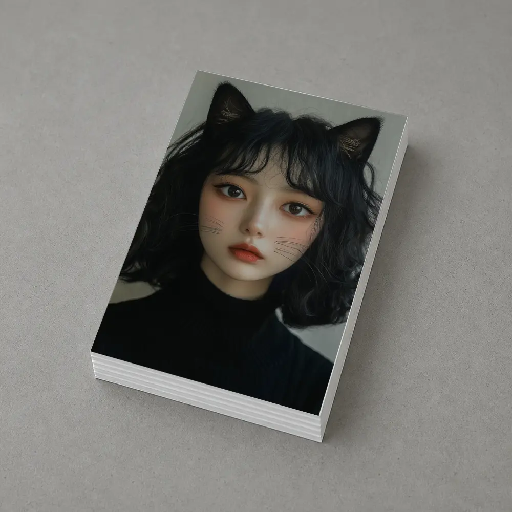 Cat Girl Portrait Dark Curly Hair – Postcards