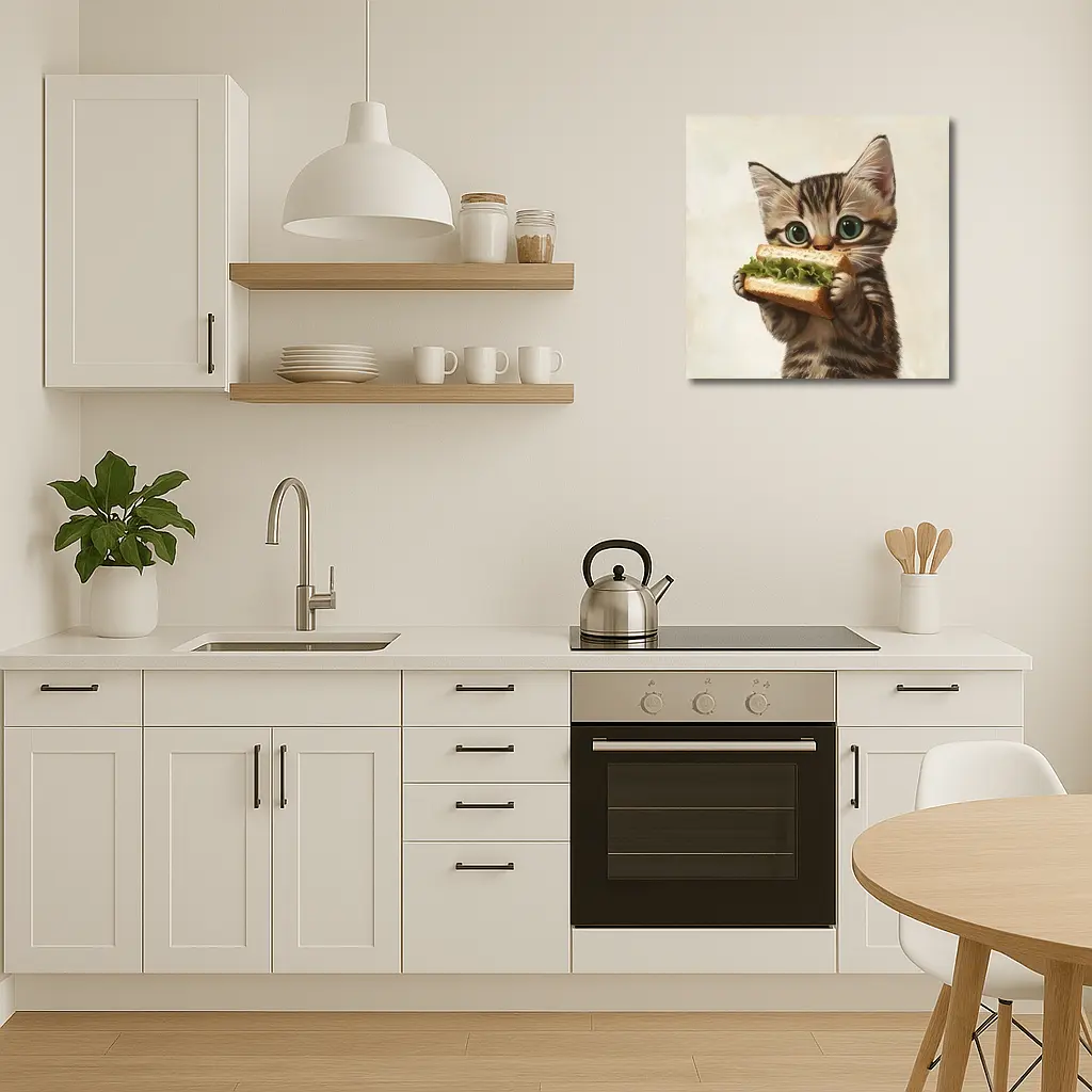 Tabby Kitten Eating Sandwich Beige Background – Wall Art