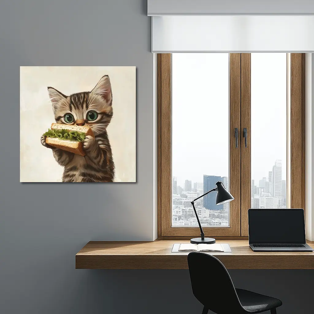 Tabby Kitten Eating Sandwich Beige Background – Wall Art