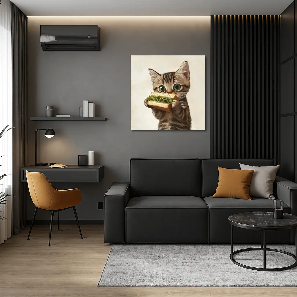 Tabby Kitten Eating Sandwich Beige Background – Wall Art