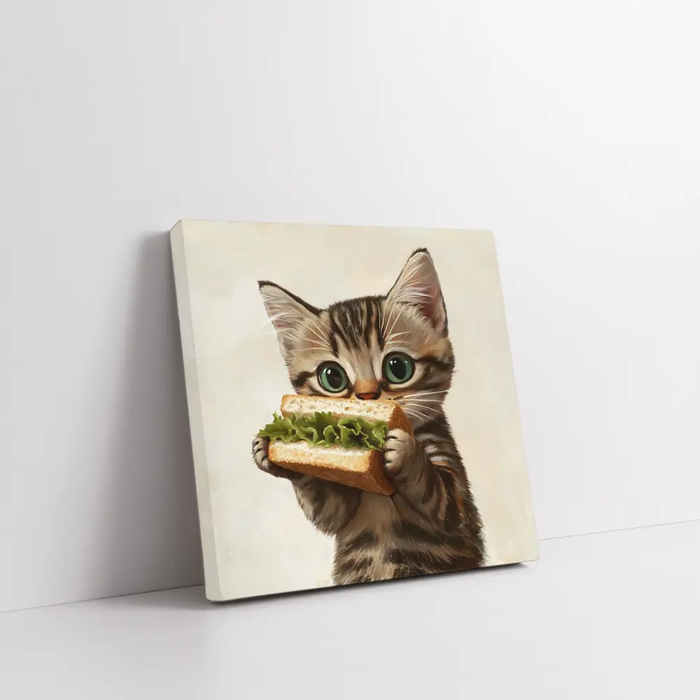Tabby Kitten Eating Sandwich Beige Background – Wall Art