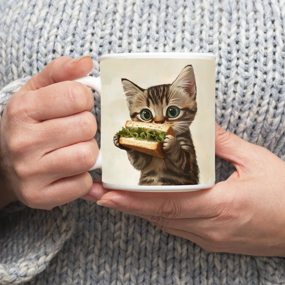 Tabby Kitten Eating Sandwich Beige Background – Mugs