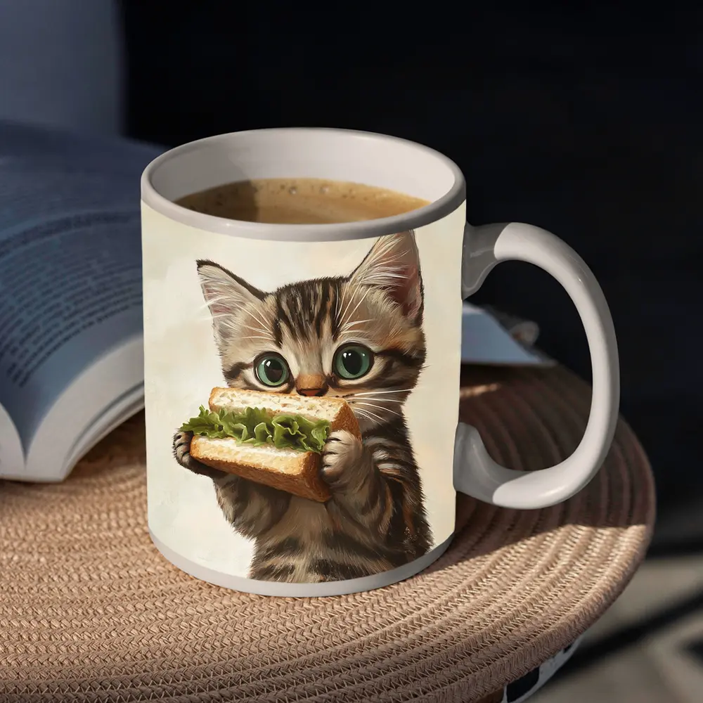Tabby Kitten Eating Sandwich Beige Background – Mugs