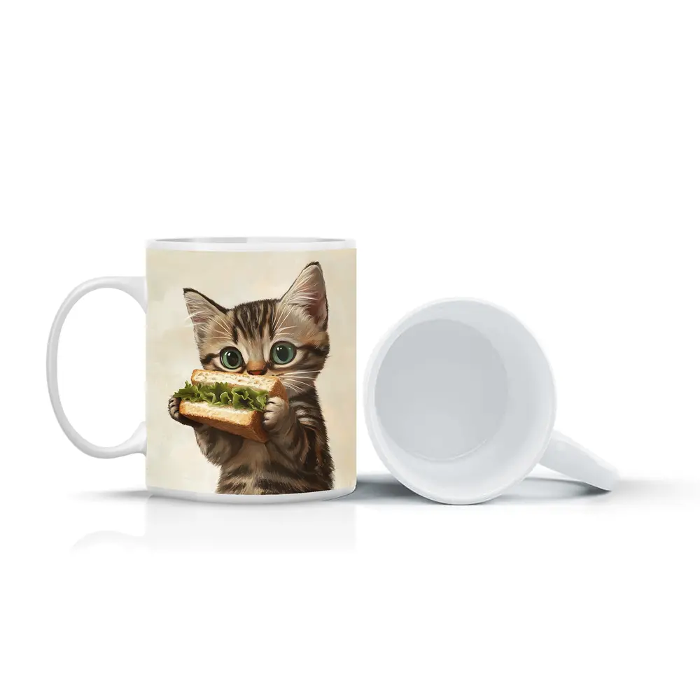 Tabby Kitten Eating Sandwich Beige Background – Mugs