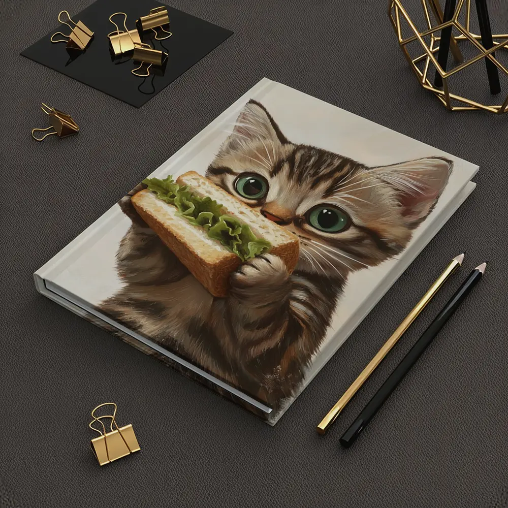 Tabby Kitten Eating Sandwich Beige Background – Notebooks
