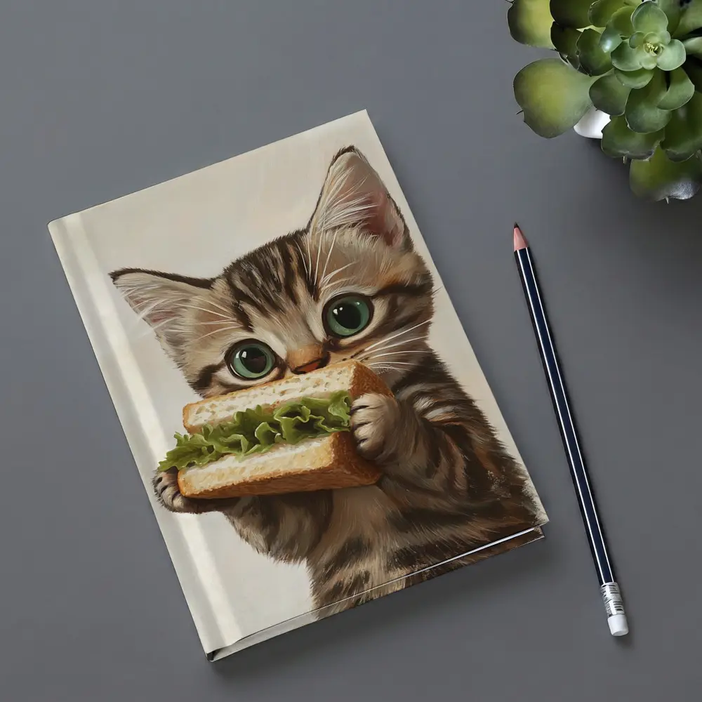 Tabby Kitten Eating Sandwich Beige Background – Notebooks