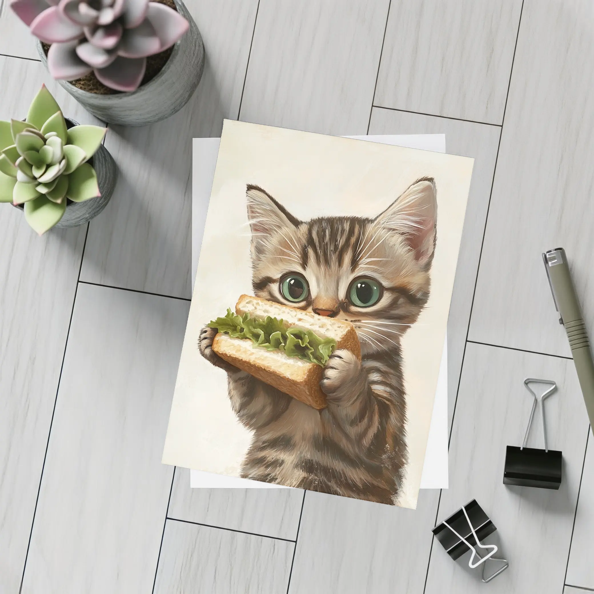 Tabby Kitten Eating Sandwich Beige Background – Postcards