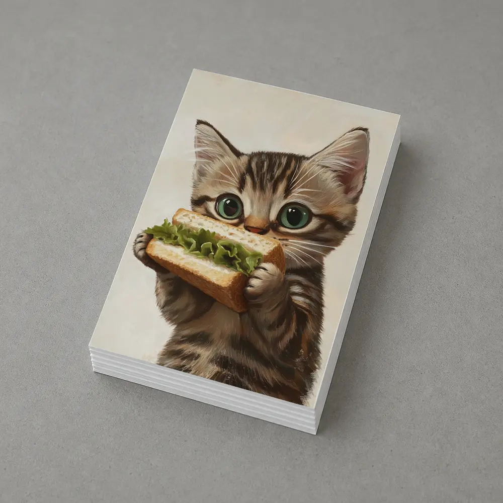 Tabby Kitten Eating Sandwich Beige Background – Postcards
