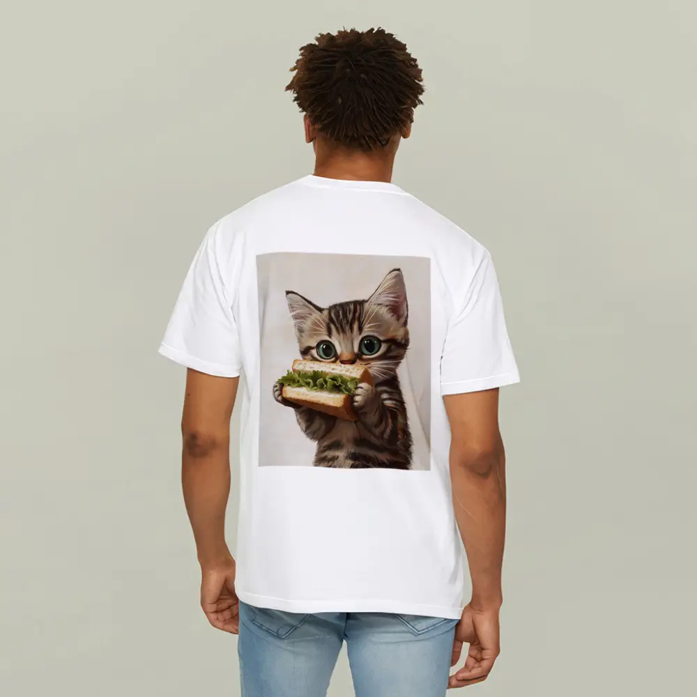 Tabby Kitten Eating Sandwich Beige Background – T-Shirts