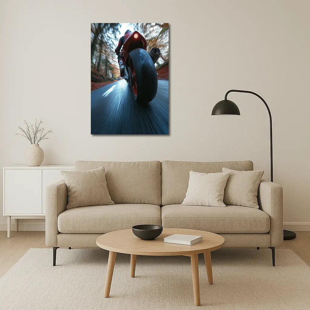Red Sport Bike Racing Down Forest Road – Wall Art