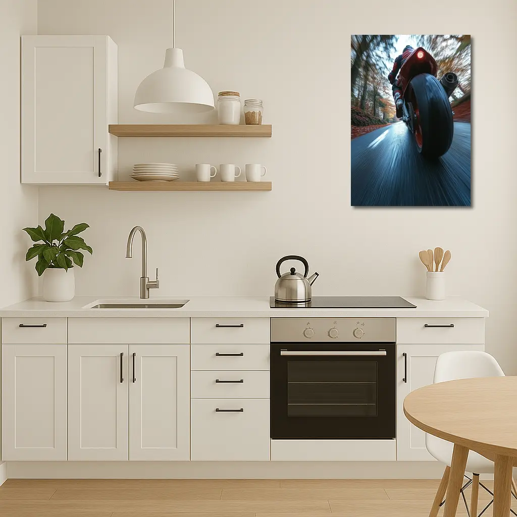 Red Sport Bike Racing Down Forest Road – Wall Art