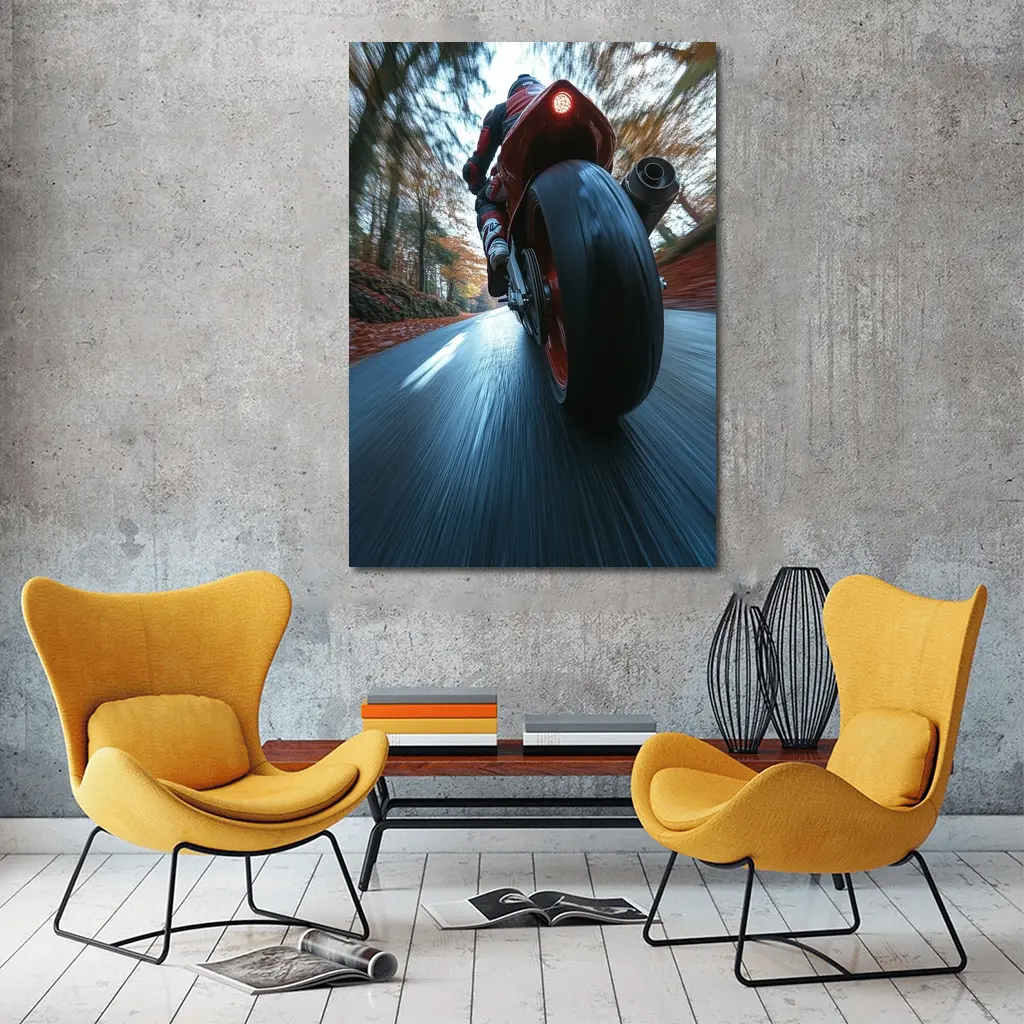 Red Sport Bike Racing Down Forest Road – Wall Art