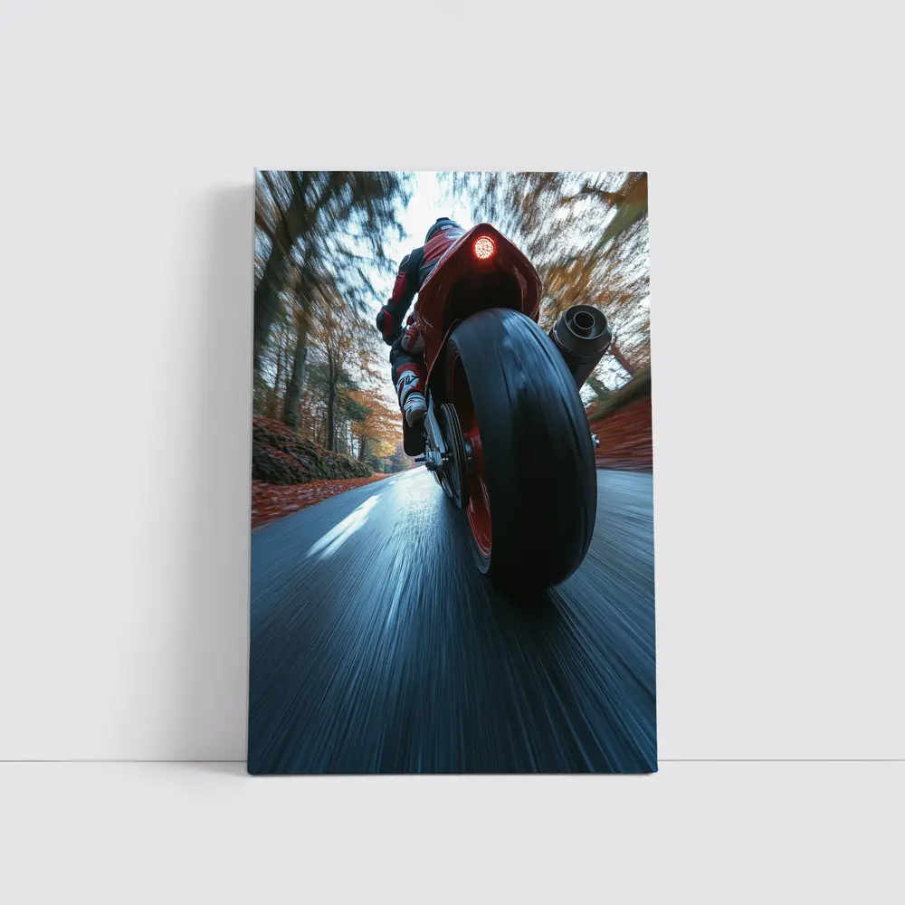 Red Sport Bike Racing Down Forest Road – Wall Art