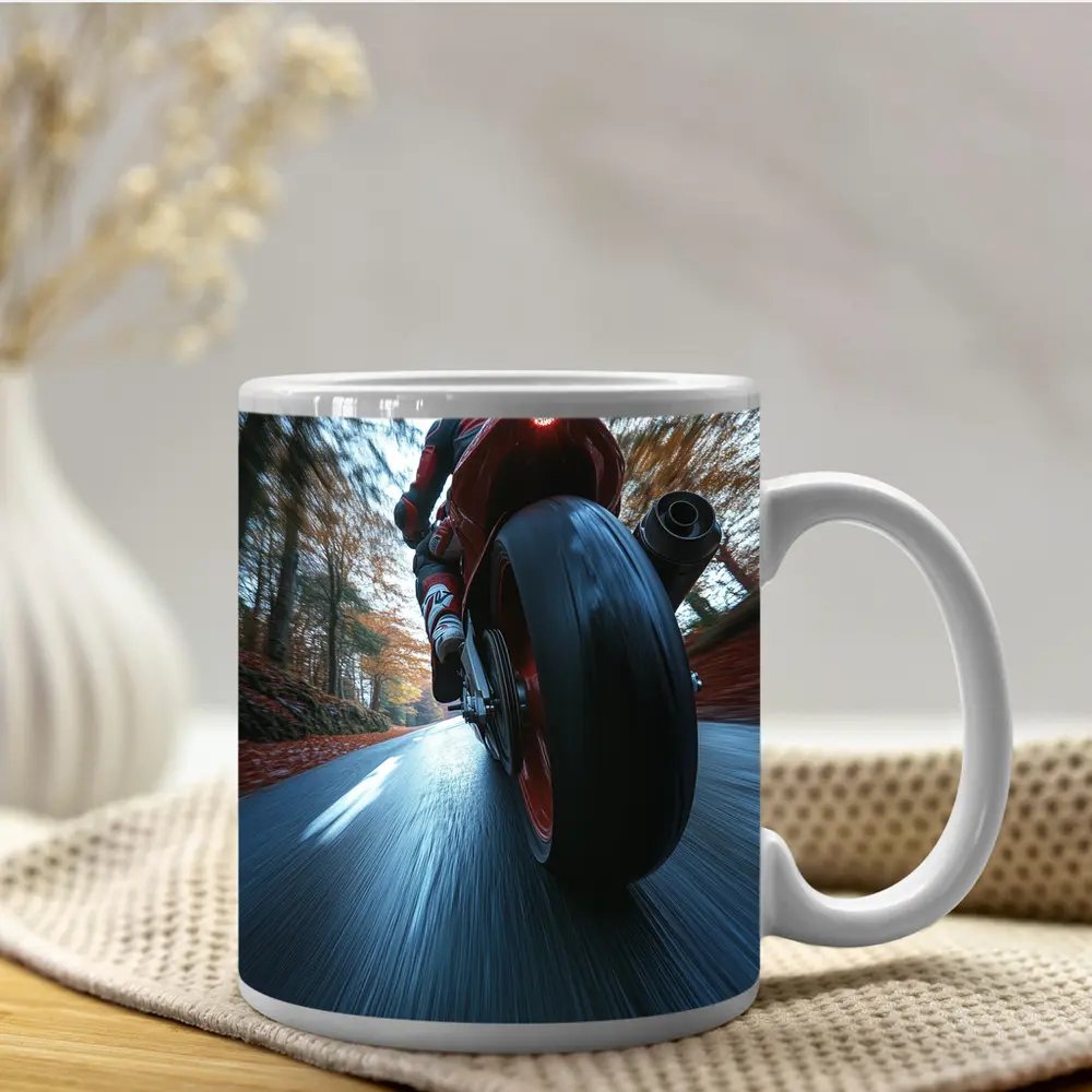 Red Sport Bike Racing Down Forest Road – Mugs