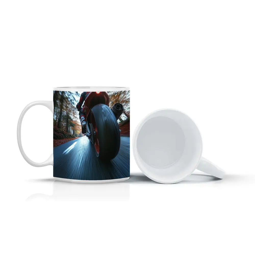 Red Sport Bike Racing Down Forest Road – Mugs
