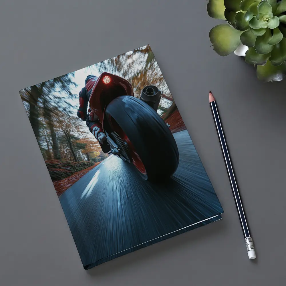 Red Sport Bike Racing Down Forest Road – Notebooks