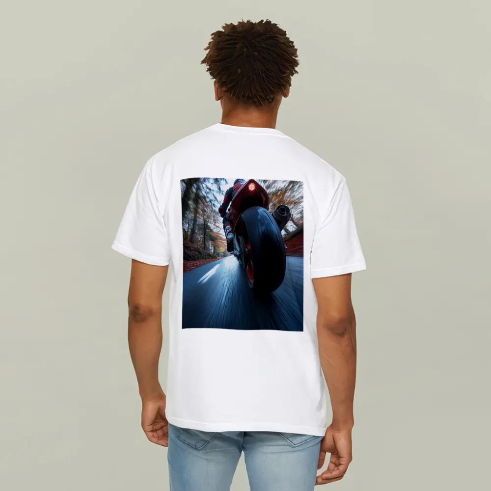 Red Sport Bike Racing Down Forest Road – T-Shirts