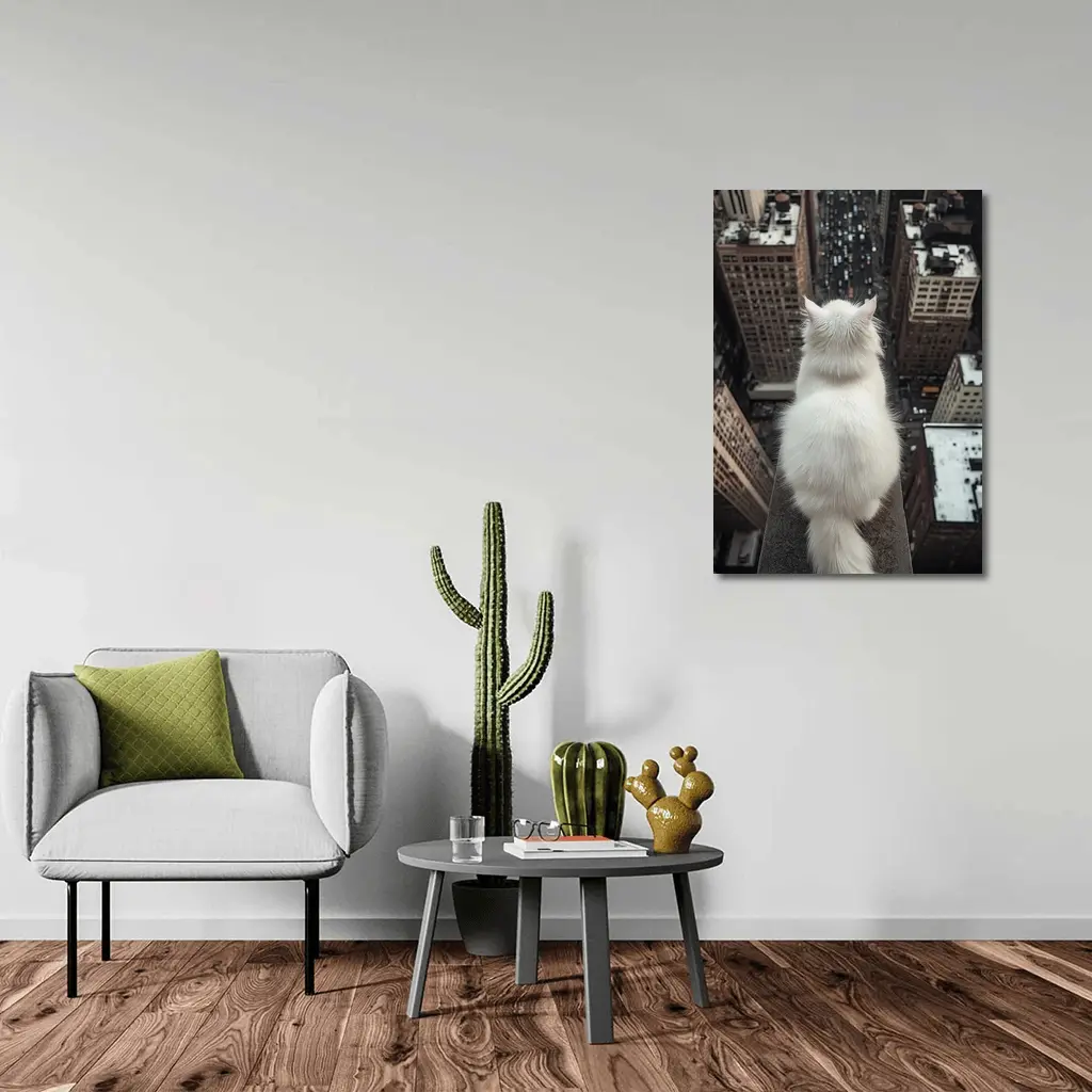 White Cat Overlooking City Skyline Rooftop – Wall Art