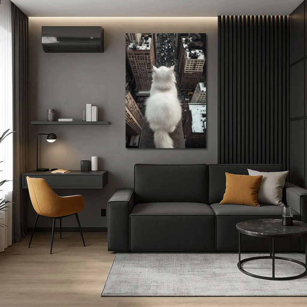 White Cat Overlooking City Skyline Rooftop – Wall Art