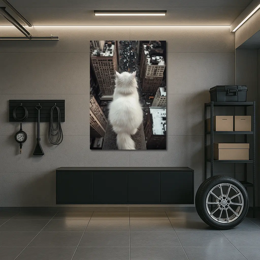White Cat Overlooking City Skyline Rooftop – Wall Art