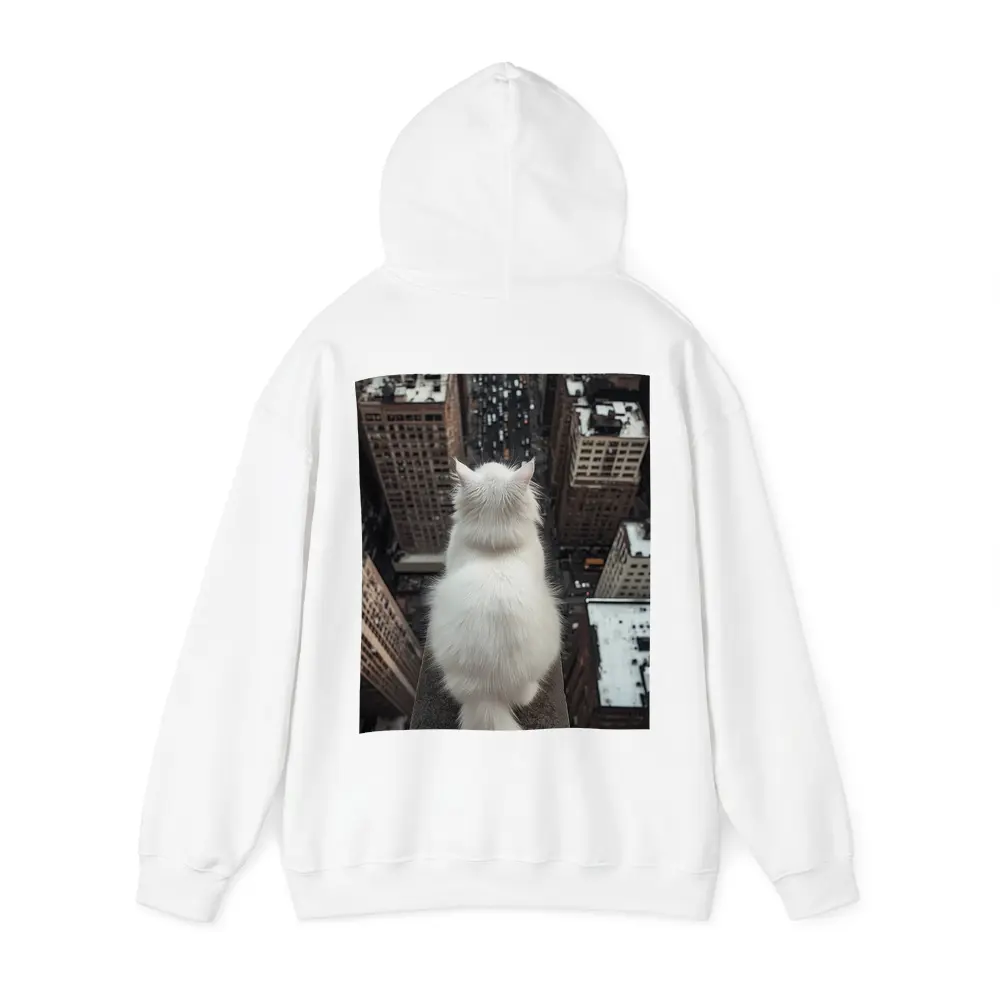 White Cat Overlooking City Skyline Rooftop – Hoodies