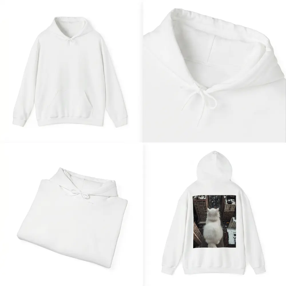 White Cat Overlooking City Skyline Rooftop – Hoodies
