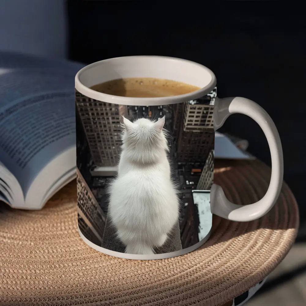 White Cat Overlooking City Skyline Rooftop – Mugs