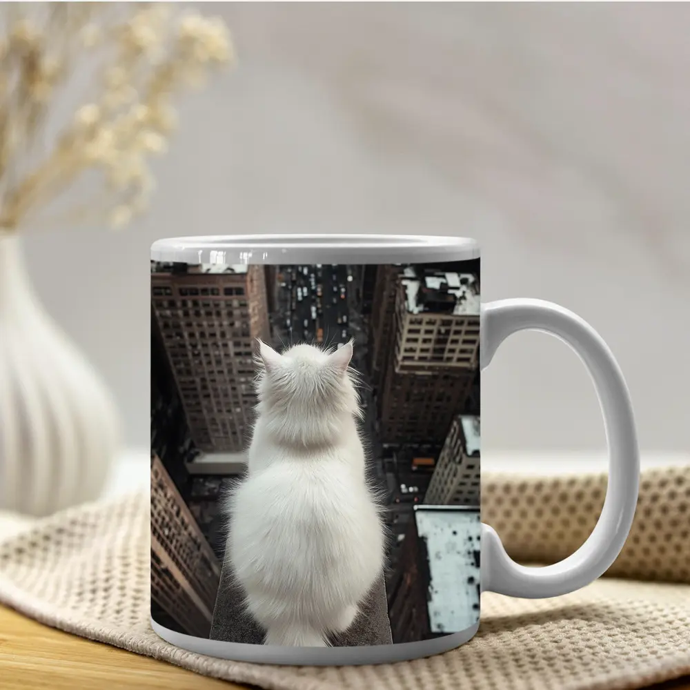 White Cat Overlooking City Skyline Rooftop – Mugs