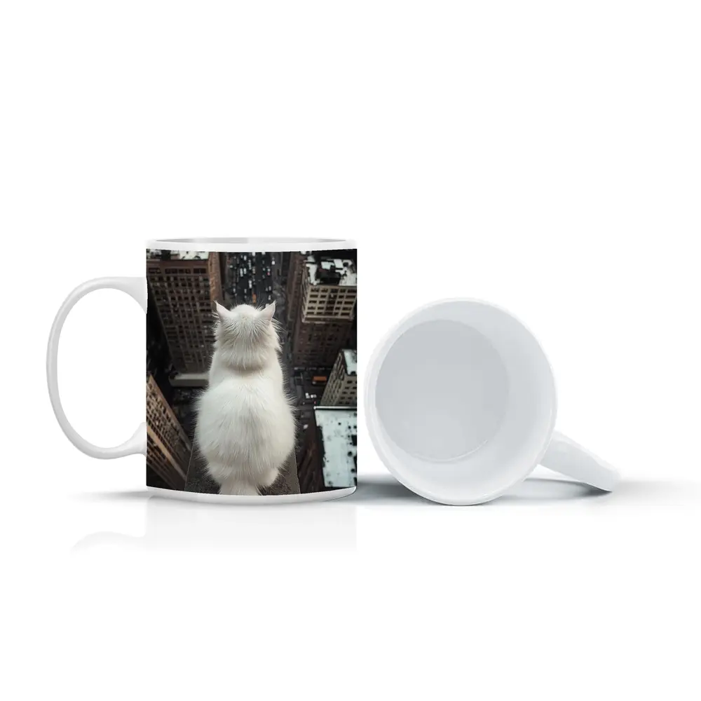 White Cat Overlooking City Skyline Rooftop – Mugs