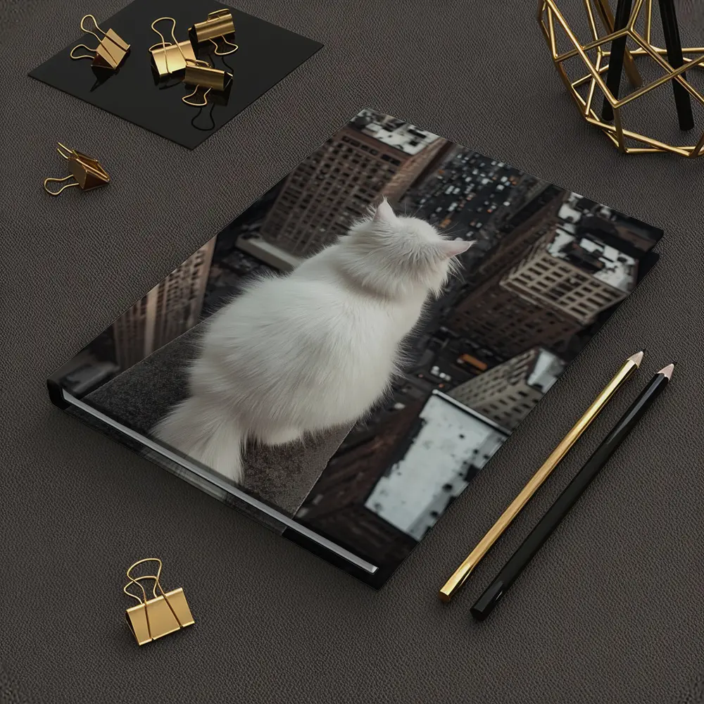 White Cat Overlooking City Skyline Rooftop – Notebooks