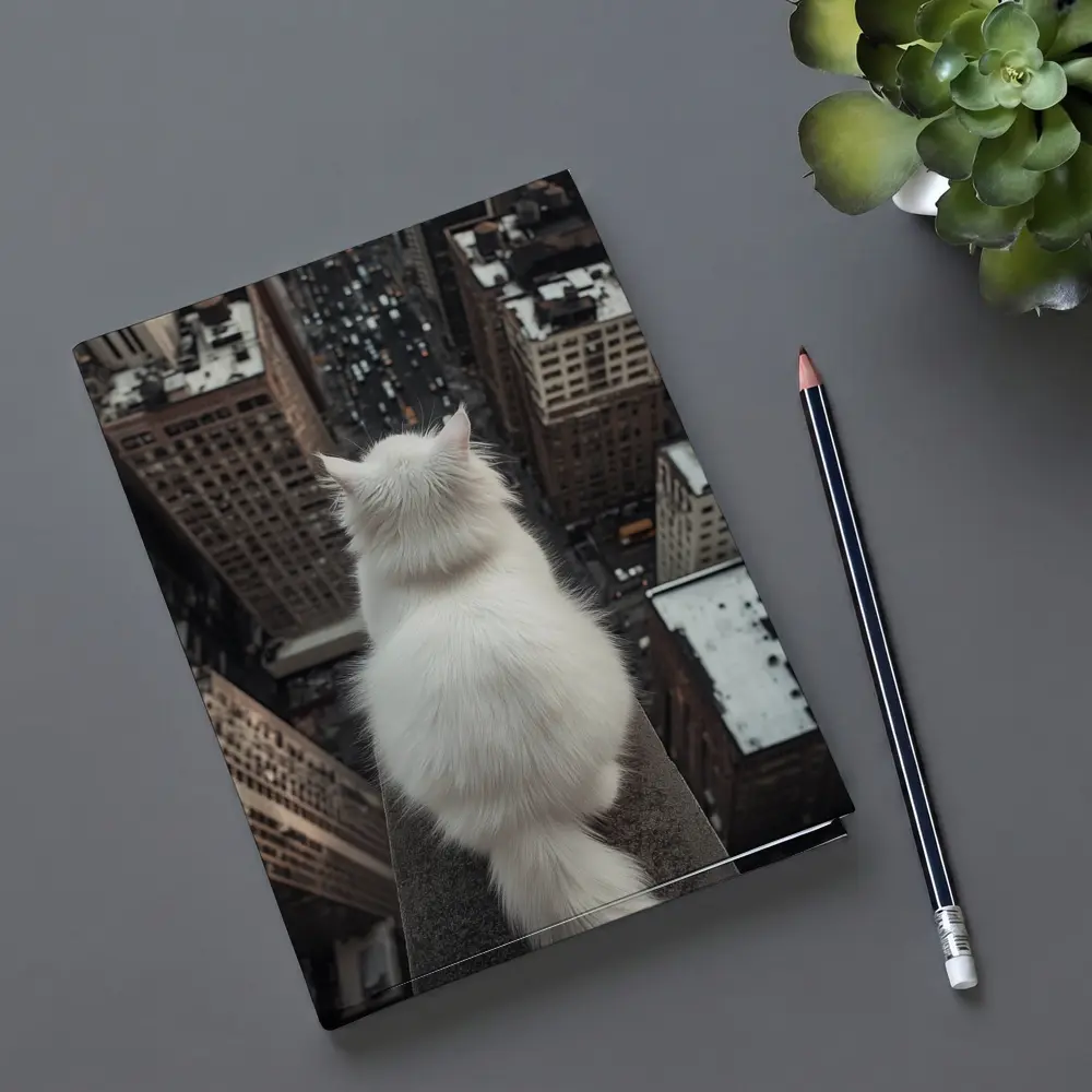 White Cat Overlooking City Skyline Rooftop – Notebooks