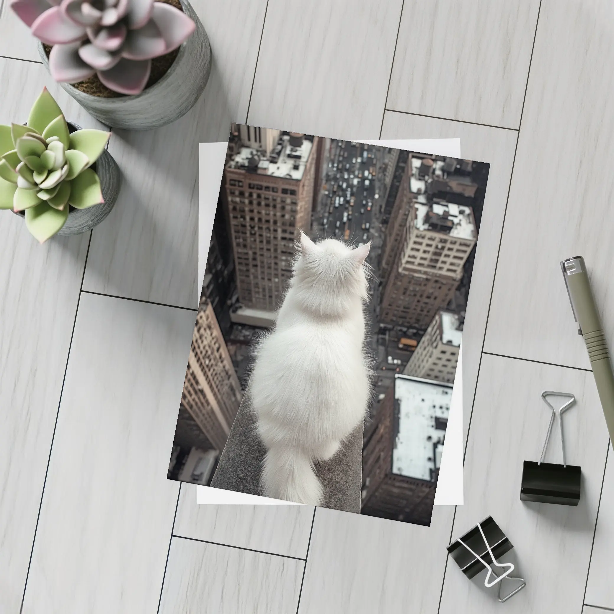 White Cat Overlooking City Skyline Rooftop – Postcards